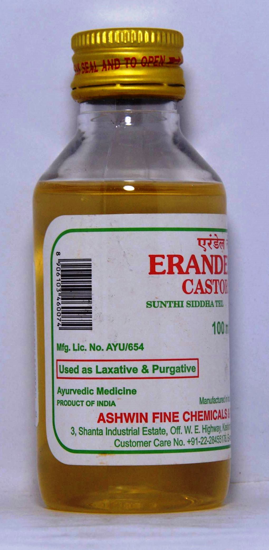 ASHWIN FINE CHFEMICALS CASTOR OIL ERANDEL TEL 100 ML . Ayurvedic  Sangrah (Ayurvedic, Herbal, Organic and Natural Products)